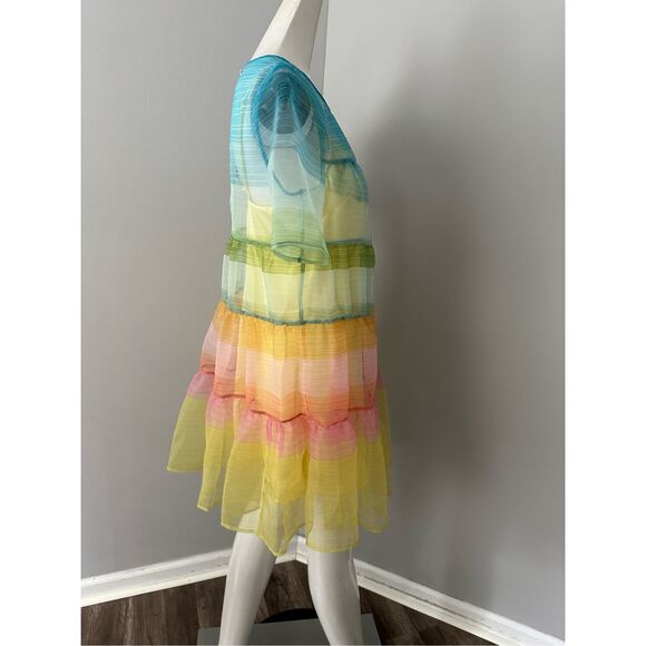 NWT Staud Sheer Organza Hyacinth Short Sleeve Tiered Mini Dress Multicolor Small - Picture 9 of 12